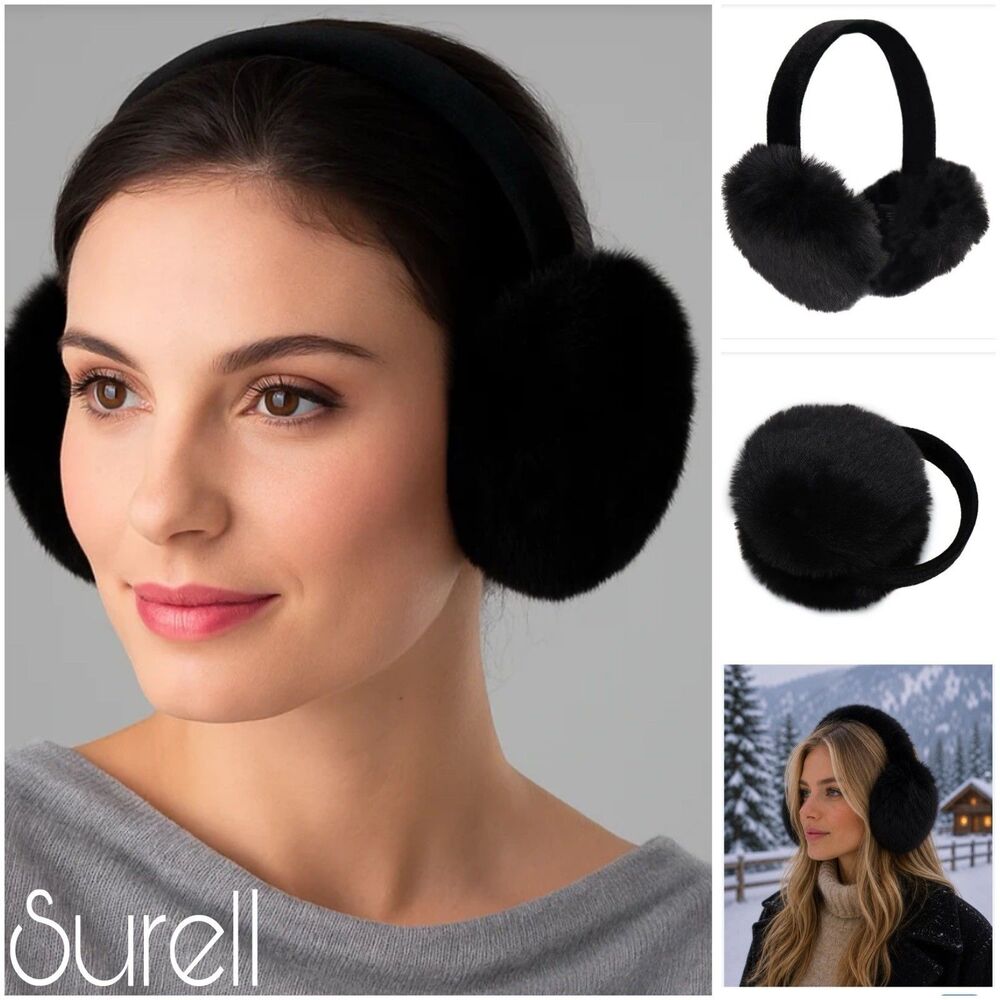 Surell Women's Black Faux Rabbit Rex Earmuffs One Size Ear Warmers Cups Muffins